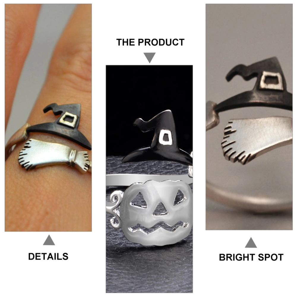 2pcs Halloween Ring Witch Hat Broom Pumpkin Open Ring Festival Finger Accessory