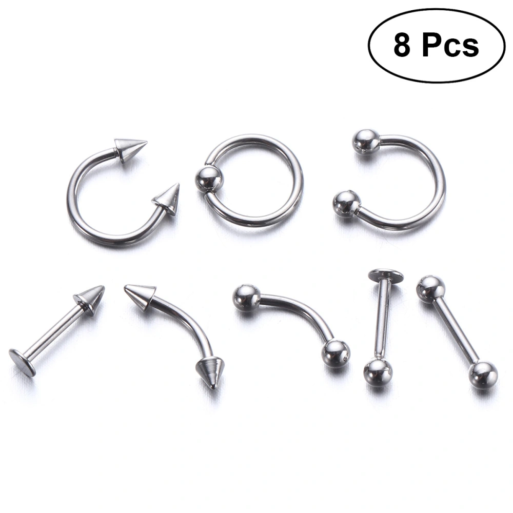 8pcs Stainless Steel Curved Eyebrow Nose Lip Earrings Piercings Punk Unisex Body Piercing Jewelry (Silver)