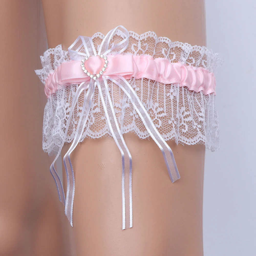 Bridal Garters Beautiful Lace Rhinestone Garters Heart-Shaped Decor Garters for Woman Lady Female (Pink)