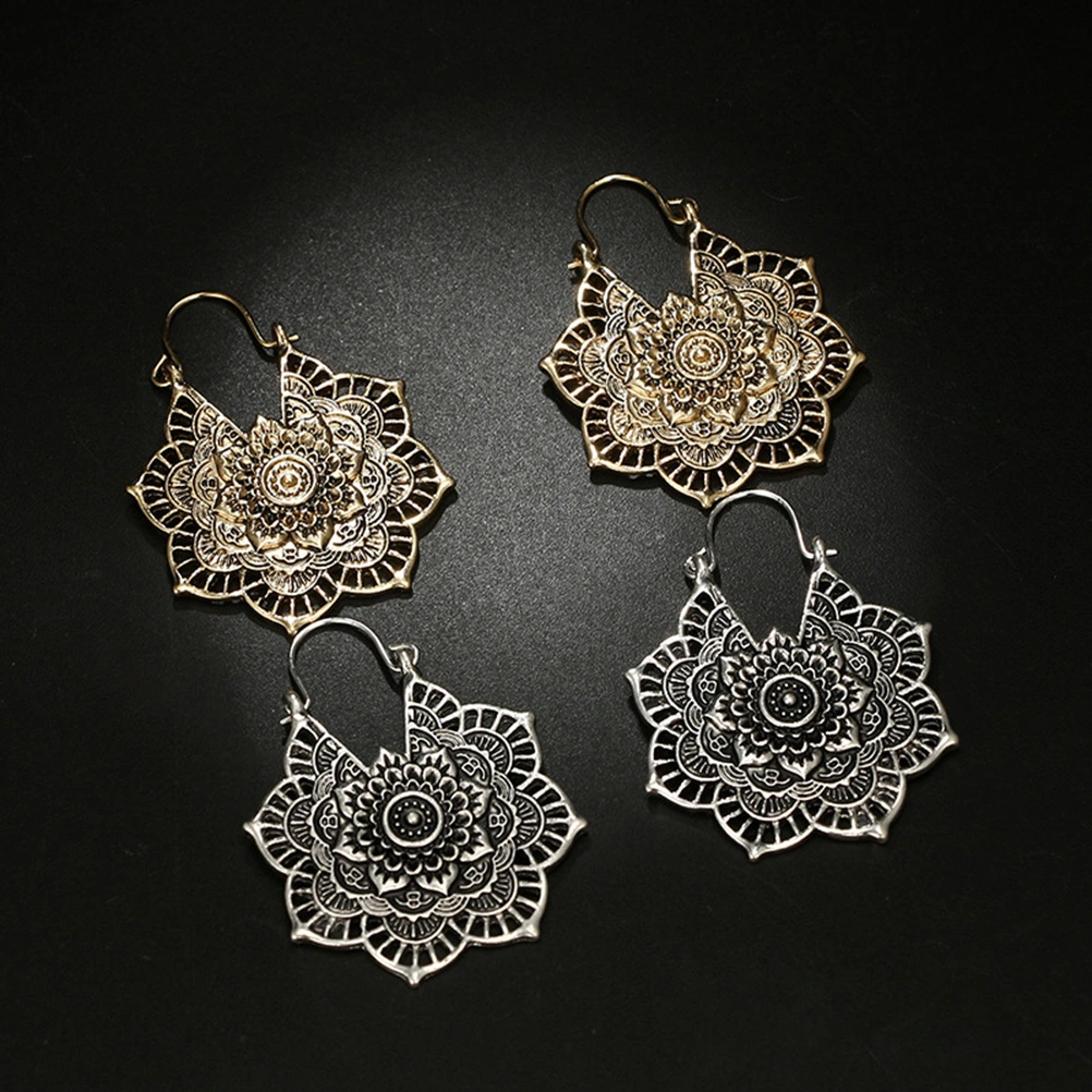 Vintage Mandala Flower Drop Dangle Earring for Women Girl Tribal Hollow Floral Pendant Earrings (Silver)