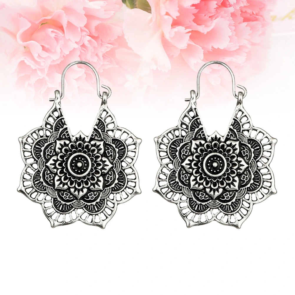 Vintage Mandala Flower Drop Dangle Earring for Women Girl Tribal Hollow Floral Pendant Earrings (Silver)