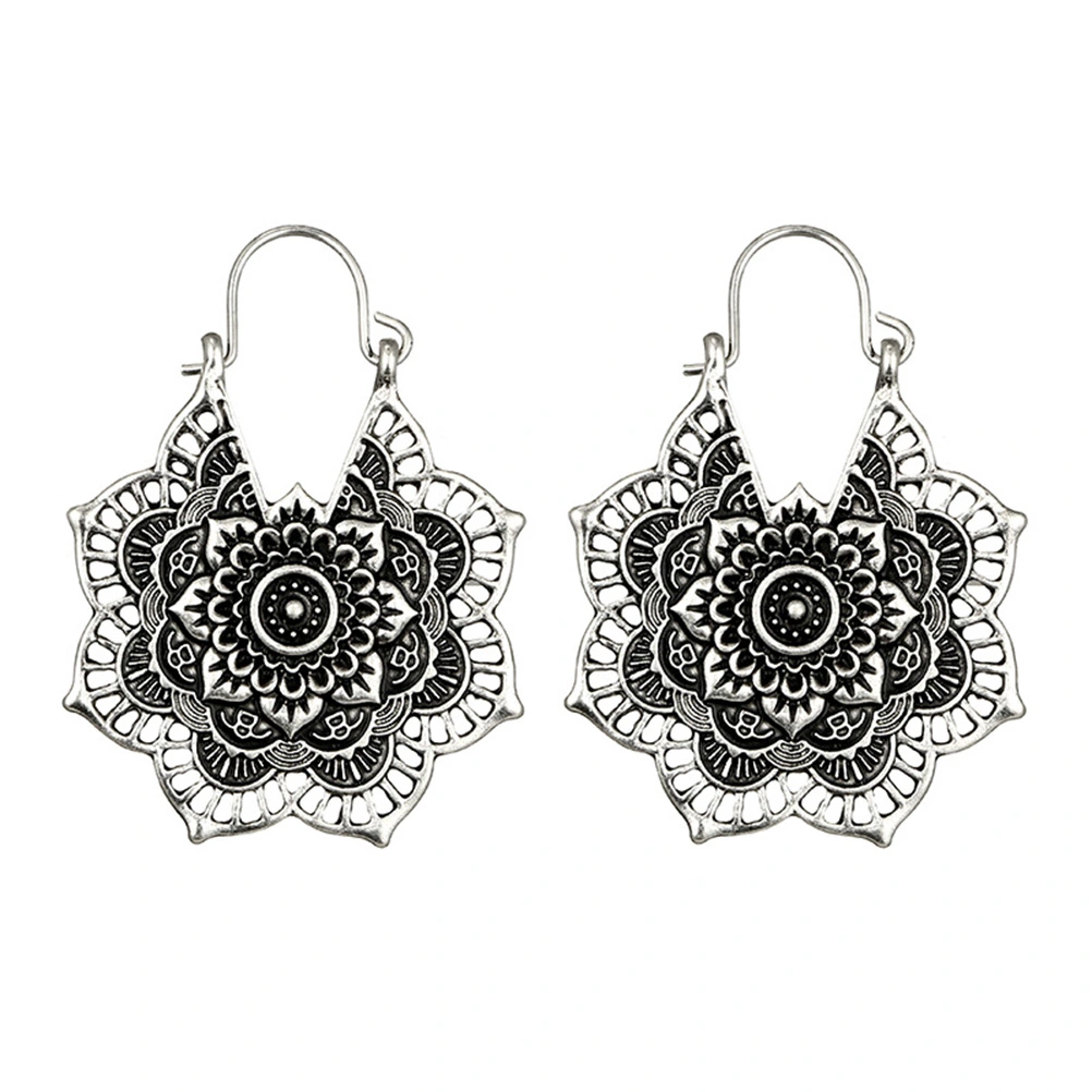 Vintage Mandala Flower Drop Dangle Earring for Women Girl Tribal Hollow Floral Pendant Earrings (Silver)
