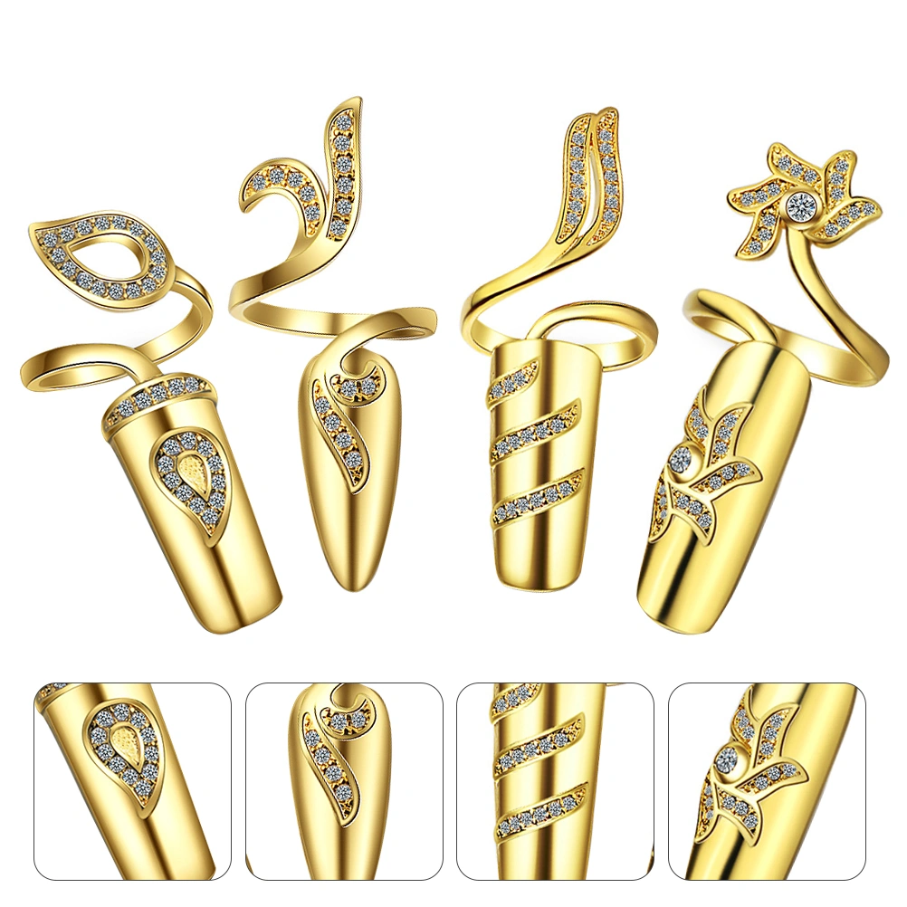 4Pcs Open Fingernail Rings Women Nail Decorative Rings Rhinestone Alloy Rings