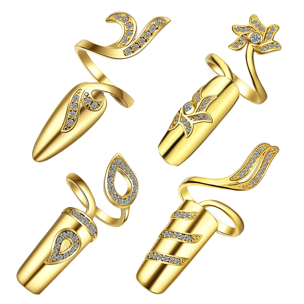 4Pcs Open Fingernail Rings Women Nail Decorative Rings Rhinestone Alloy Rings