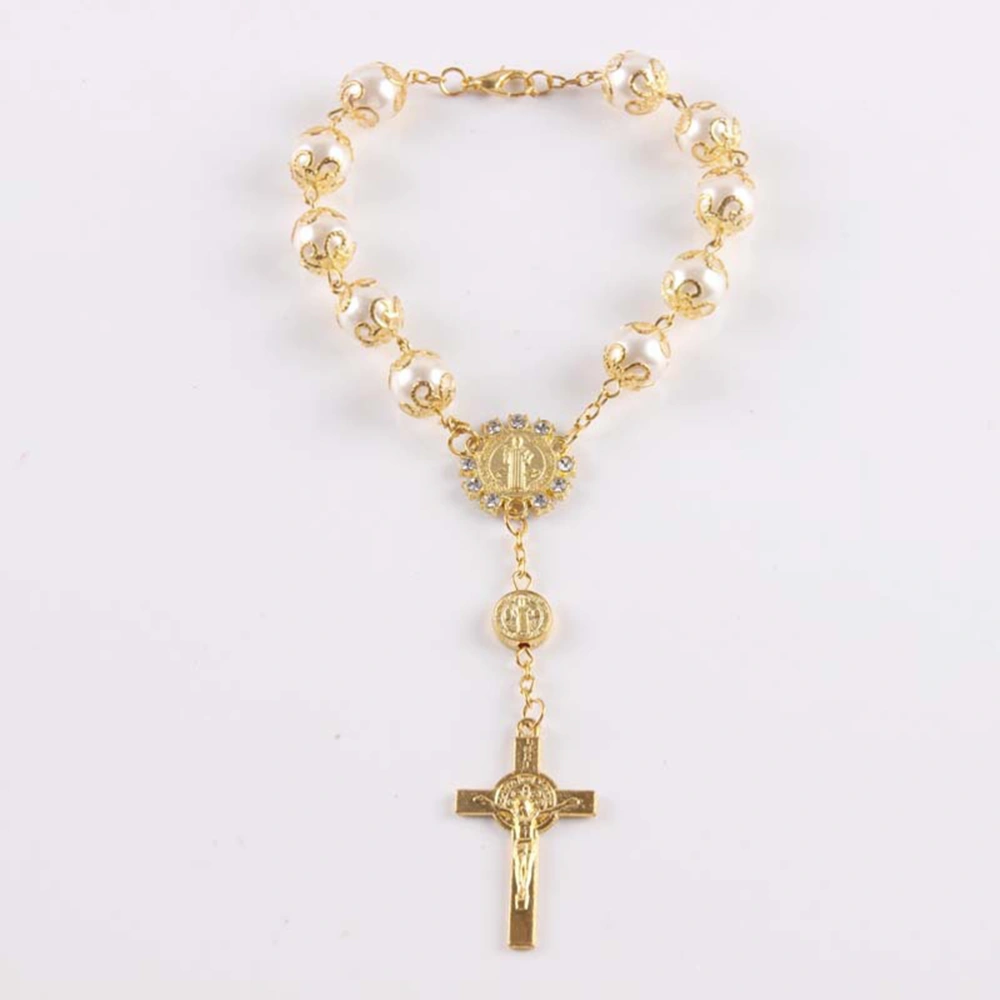 Christian Cross Bracelet Artificial Pearl Rosary Bracelet Jewelry for Women and Girls(Silvery)