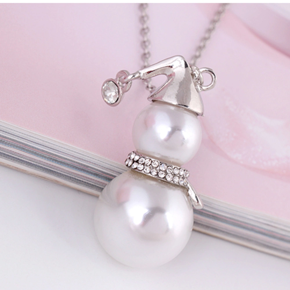 Christmas Snowman Necklace Pearl Charm Crystal Pendant Necklace Festive Jewelry Gifts for Women Girls