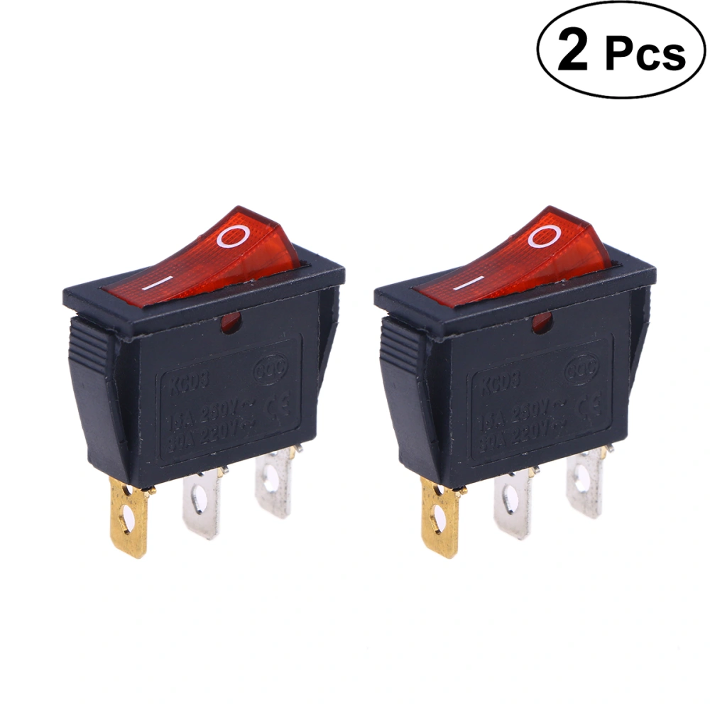 2 PCS 220V 6A 3 Car Rocker Switches Red Light Push Buttons (Black)