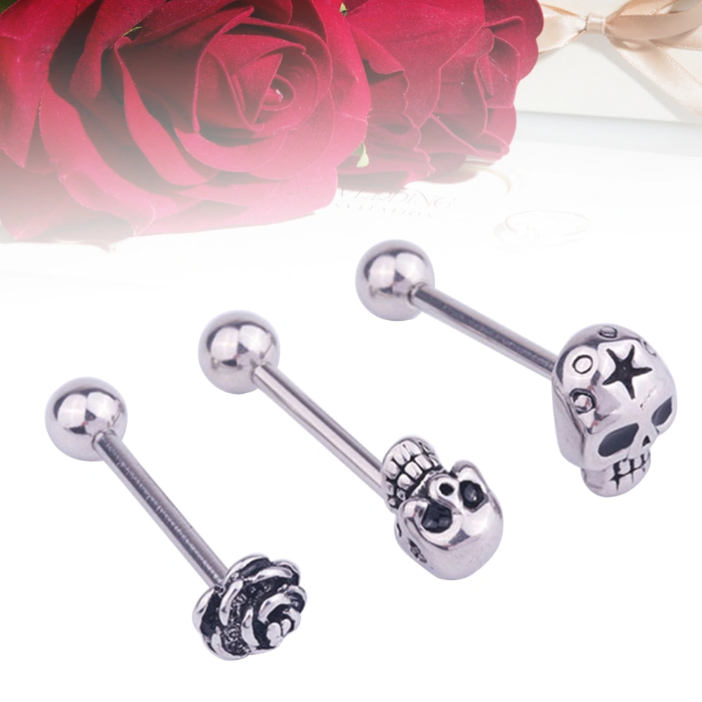 3pcs Body Jewelry Piercing Sexy Stainless Steel Cool Barbell Evil Skeleton Skull Head Flower Tongue Bar