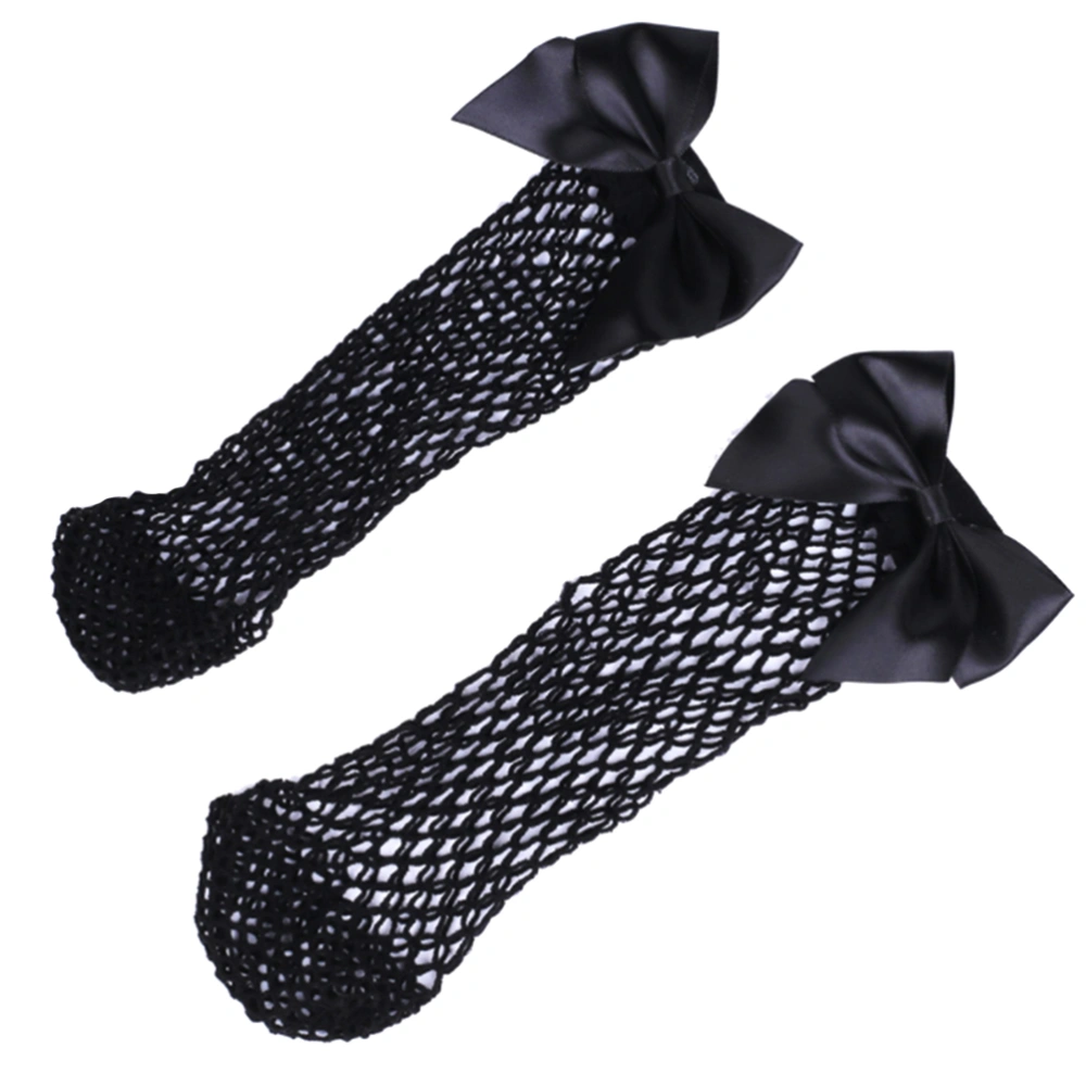 Fashion Summer Women Lady Hallow Out Mesh Fishnet Solid Ankle Length Fishnet Stocking with Bowknot(Black)