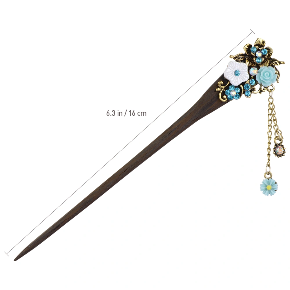 Frcolor 1PC Stylish Wooden Hair Stick Vintage Bronze Hair Pin Traditional Flower Hairpin for Women Hair Styling (Blue)