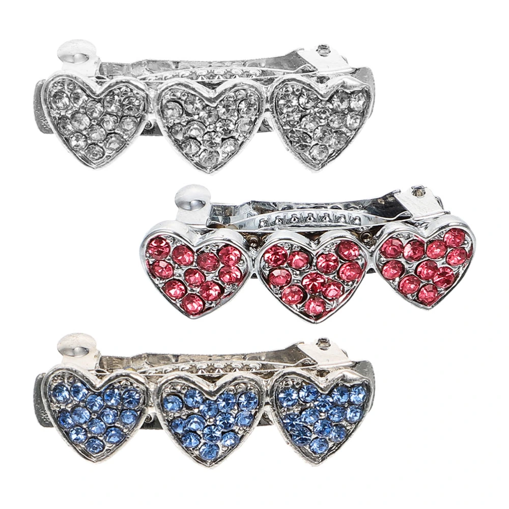 3pcs Dog Hair Clips Pet Barrettes Lovely Rhinestone Inlaid Heart Pet Hairpins