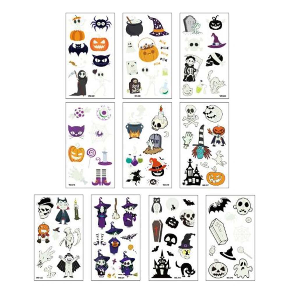 10 Sheets Luminous Pastes Halloween Cartoon Stickers Body Decals for Party Carnival