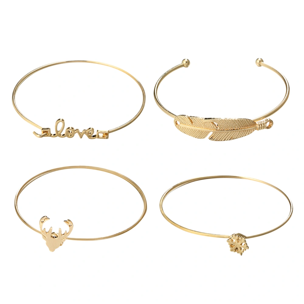 4PC Women Bracelet Set Simple Deer Head love Leaves Carved Hollow Alloy Bracelet Bangle Suit (Golden)