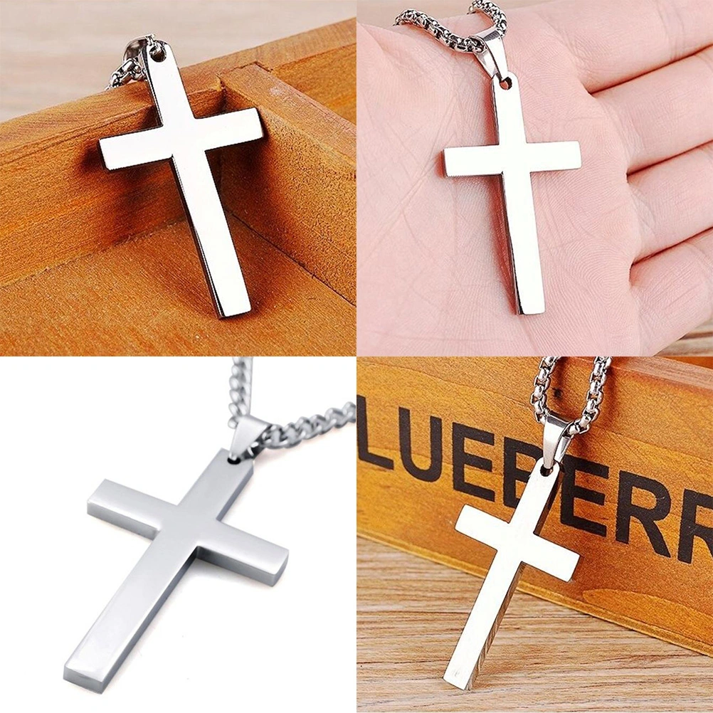 Cross Decor Necklace Simple Titanium Steel Decor Necklace Pendant Gift for Woman Man Male (Silver, With Chain)
