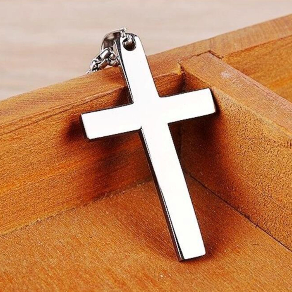 Cross Decor Necklace Simple Titanium Steel Decor Necklace Pendant Gift for Woman Man Male (Silver, With Chain)