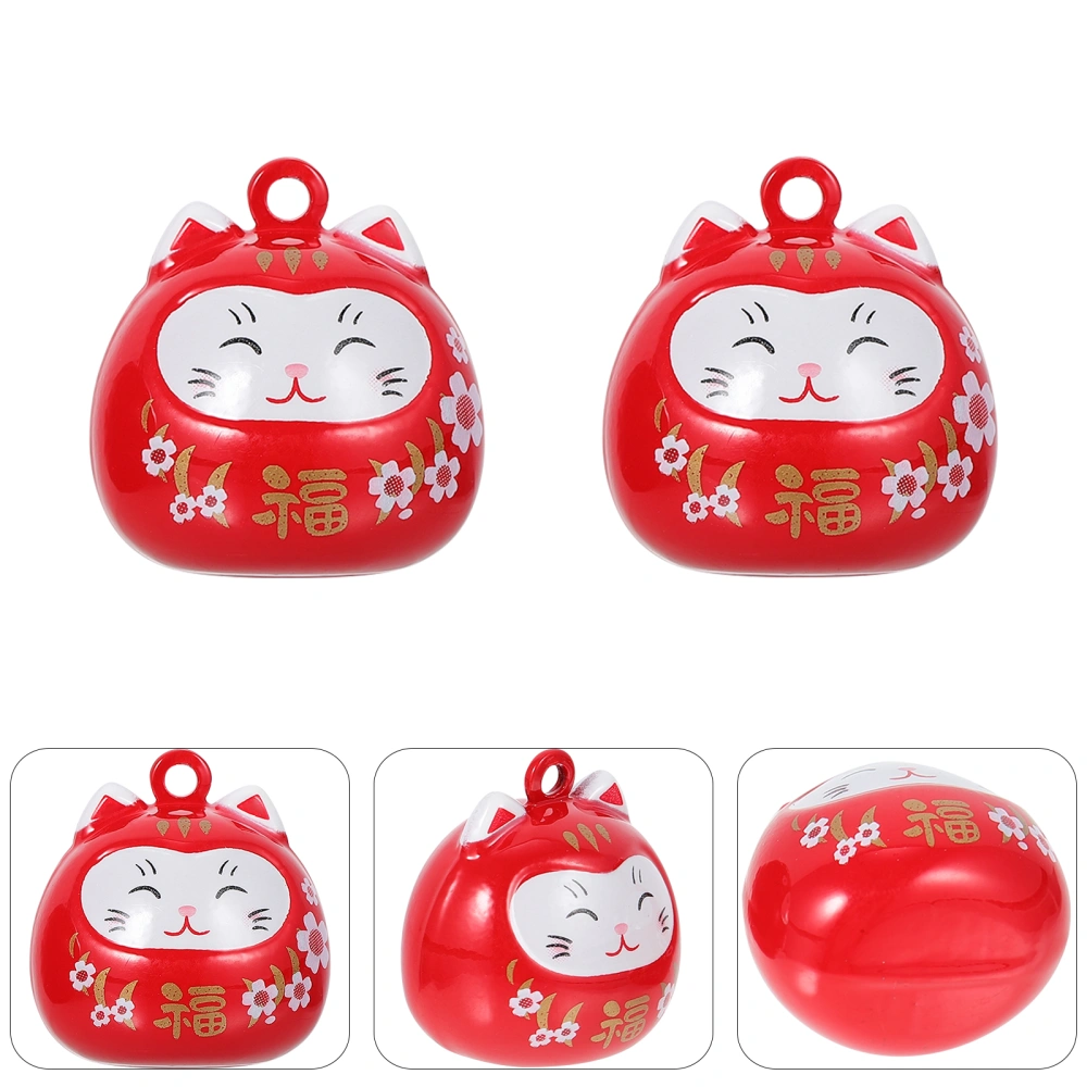 2Pcs Lovely Fortune Cat Bell Hanging Pendants Chic Keychain Decorations Red