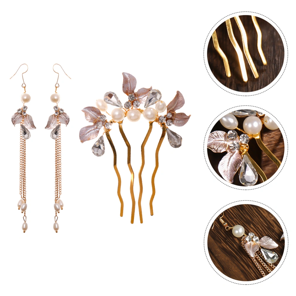 3Pcs Hair Comb Hair Fork and Earrings Set Wedding Bridal Bridesmaid Headdress