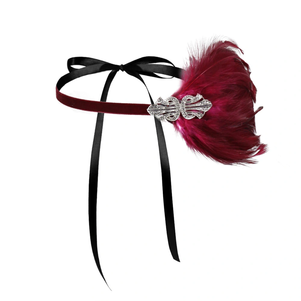 Flapper Headpiece Headband Fascinator With Ostrich Feathers Costume Accessories (Wine Red)