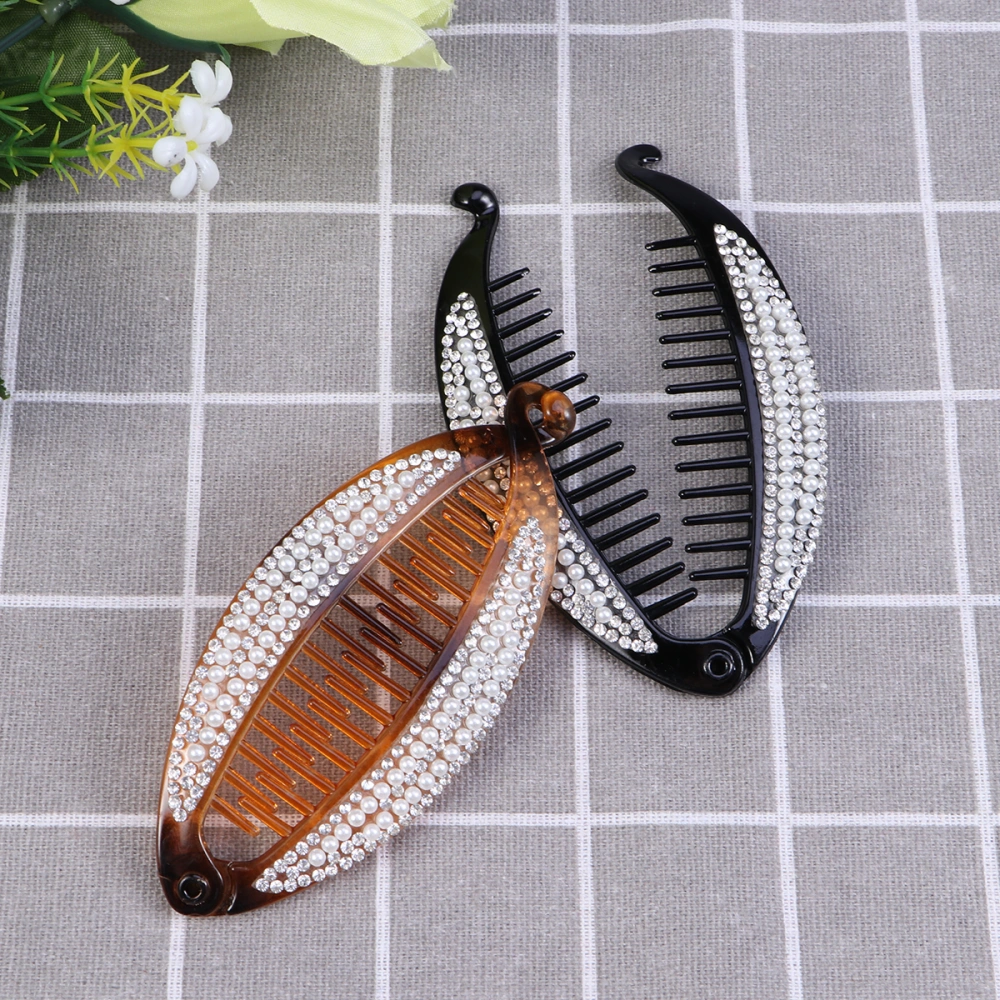 2pcs Women Fashionable Banana Hair Clip Pearl Crystal Ponytail Holder Clip Strong Tension Hair Claw Size M (As Shown)