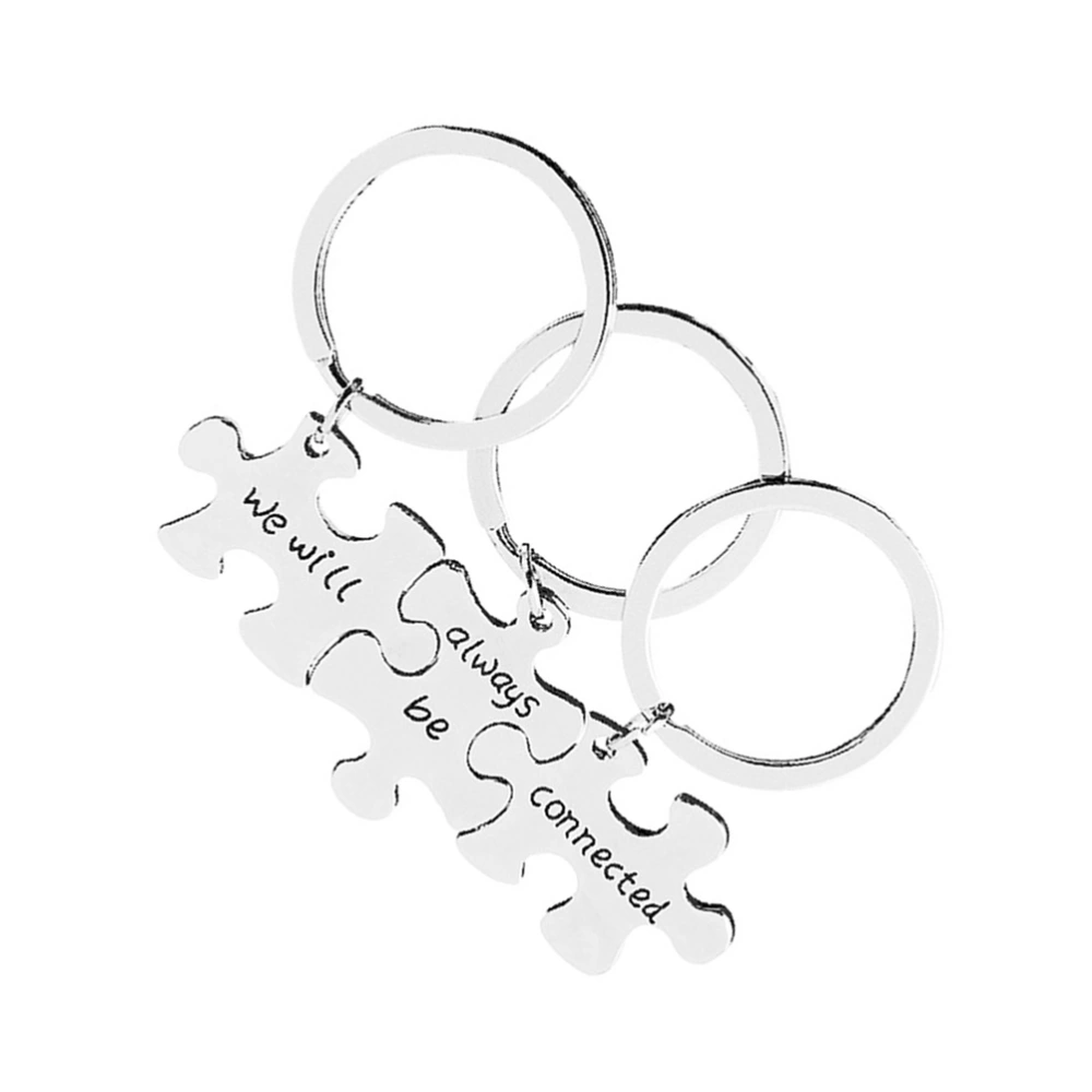 3pcs We Will Always Be Connected Letters Keychains Set Creative Puzzle Couple Key Rings Gift for Lovers (Silver)