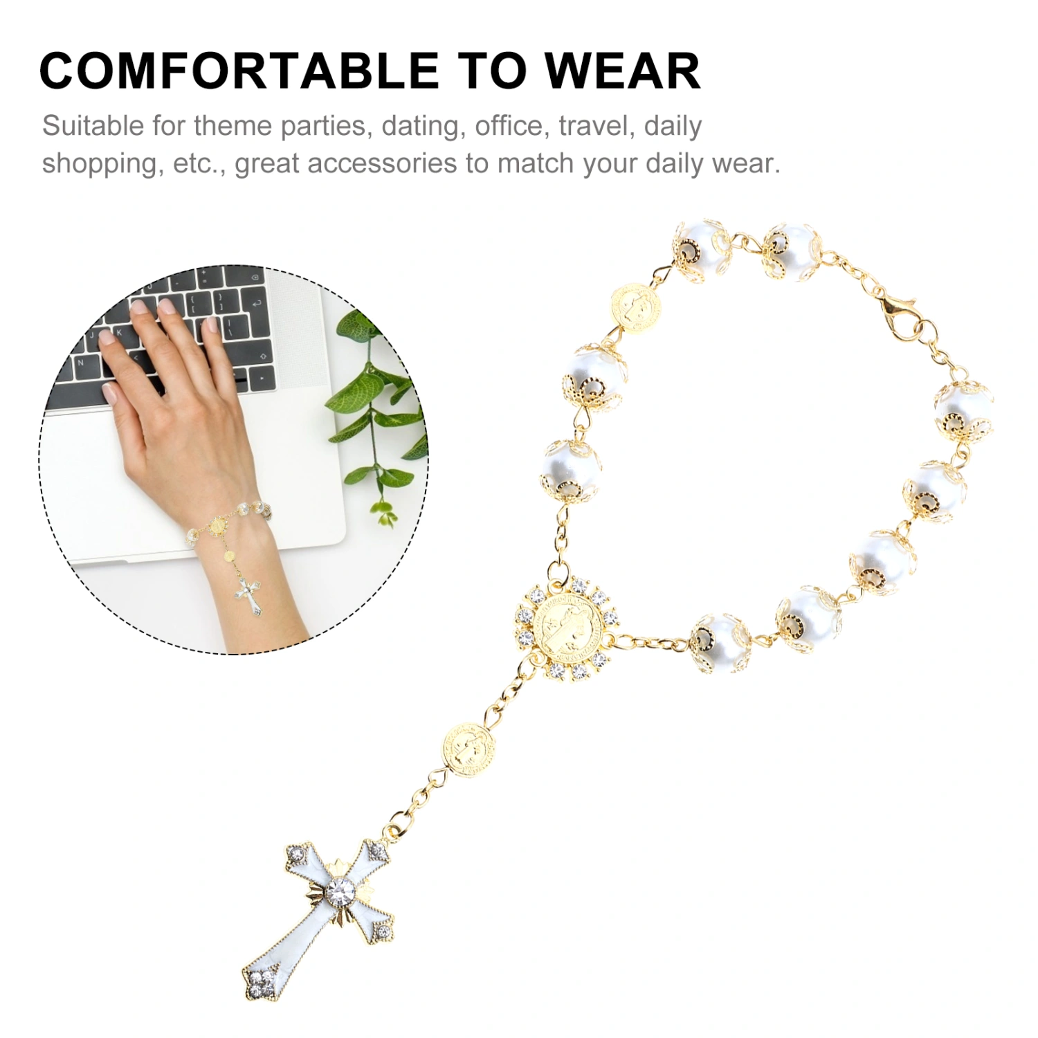 1pc Religious Cross Bracelet Glass Rosary Bracelet Jewelry Decor Bracelet Gift