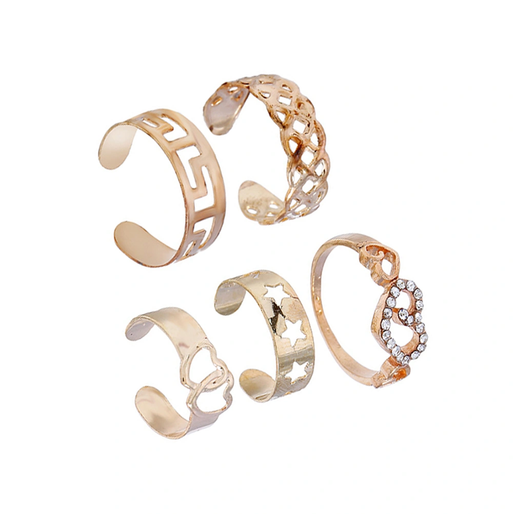 5pcs Fashion Ring Set Alloy Hollow Finger Rings Adjustable Open Rings Statement Jewelry (Gold)