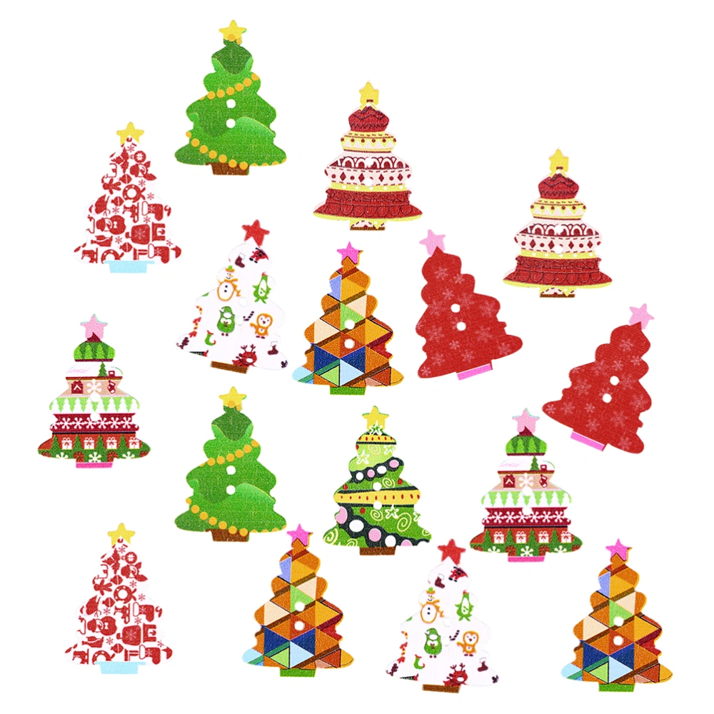 50Pcs 2-hole Wooden Buttons Christmas Tree Elements Colored Buttons for Sewing Crafting (Random Pattern)