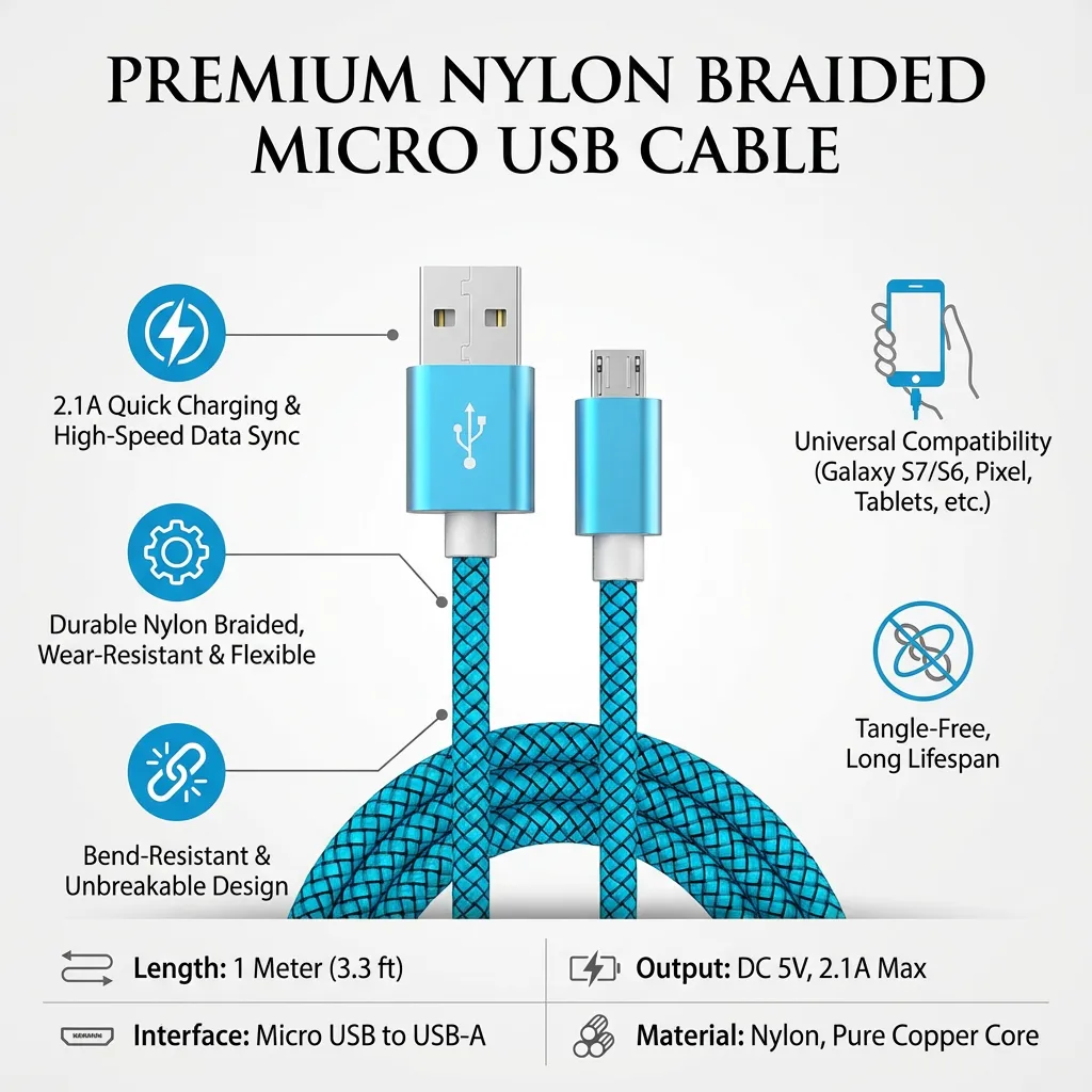 1 Meter 2.1A Charger Cable Nylon Braided Micro USB Data Sync and Charging Cable for Android Phones Tablets Galaxy S7/ S6/ Pixel/ Xperia/ Lumia (Blue)