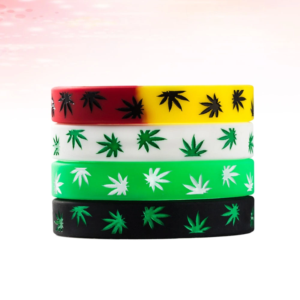 4pcs Hemp Leaf Bracelet Toy Colorful Wrist Straps Silicone Wristbands Dress Up Accessary Party Supplies (White, Green, Black, Yellow with Brown)