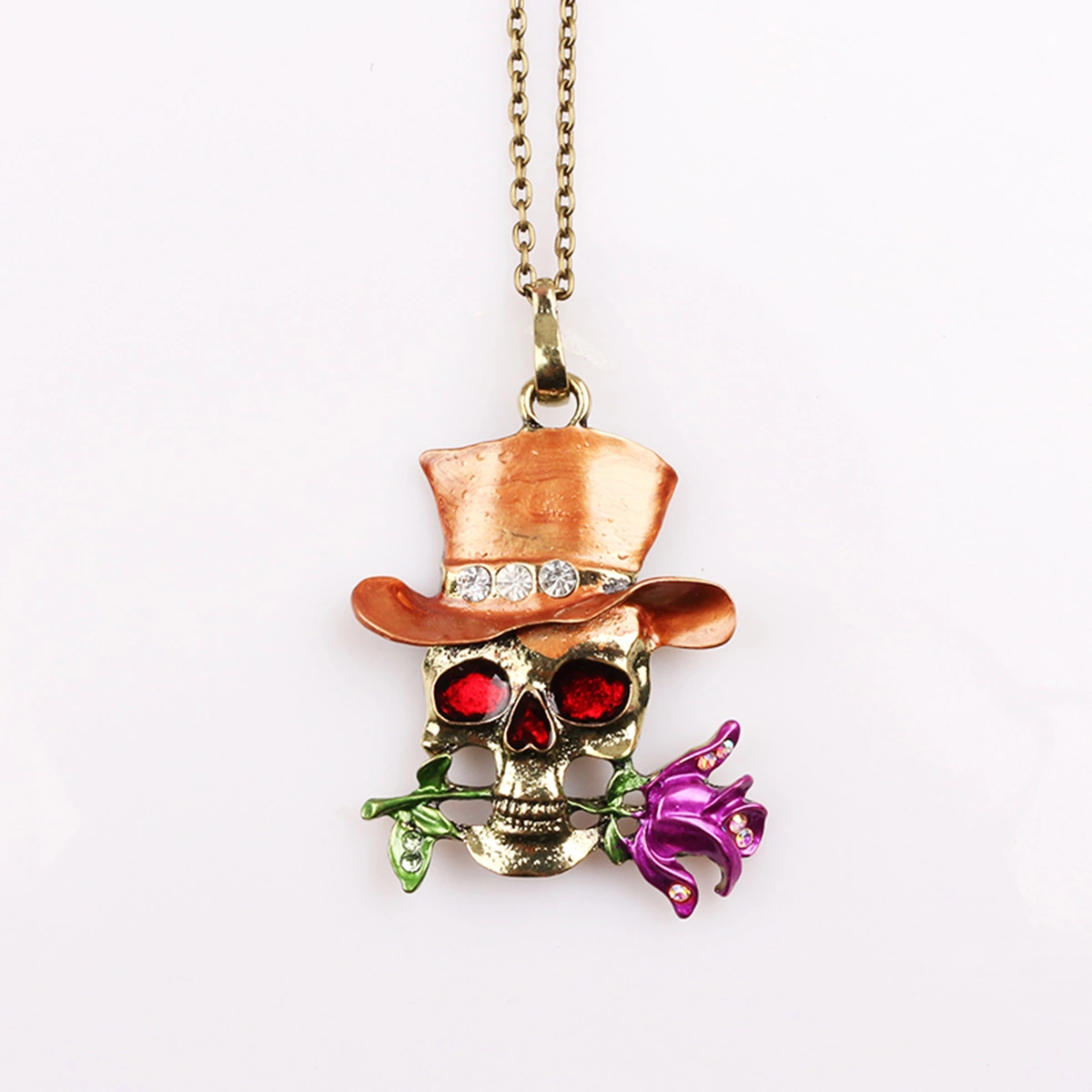 Halloween Punk Skull Pendants Magician Diamond Rose Exaggerated Skull Necklace Female (Champagne)