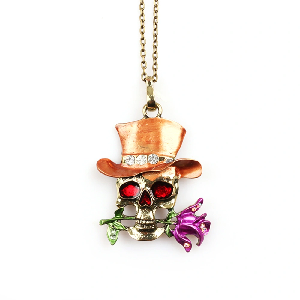 Halloween Punk Skull Pendants Magician Diamond Rose Exaggerated Skull Necklace Female (Champagne)