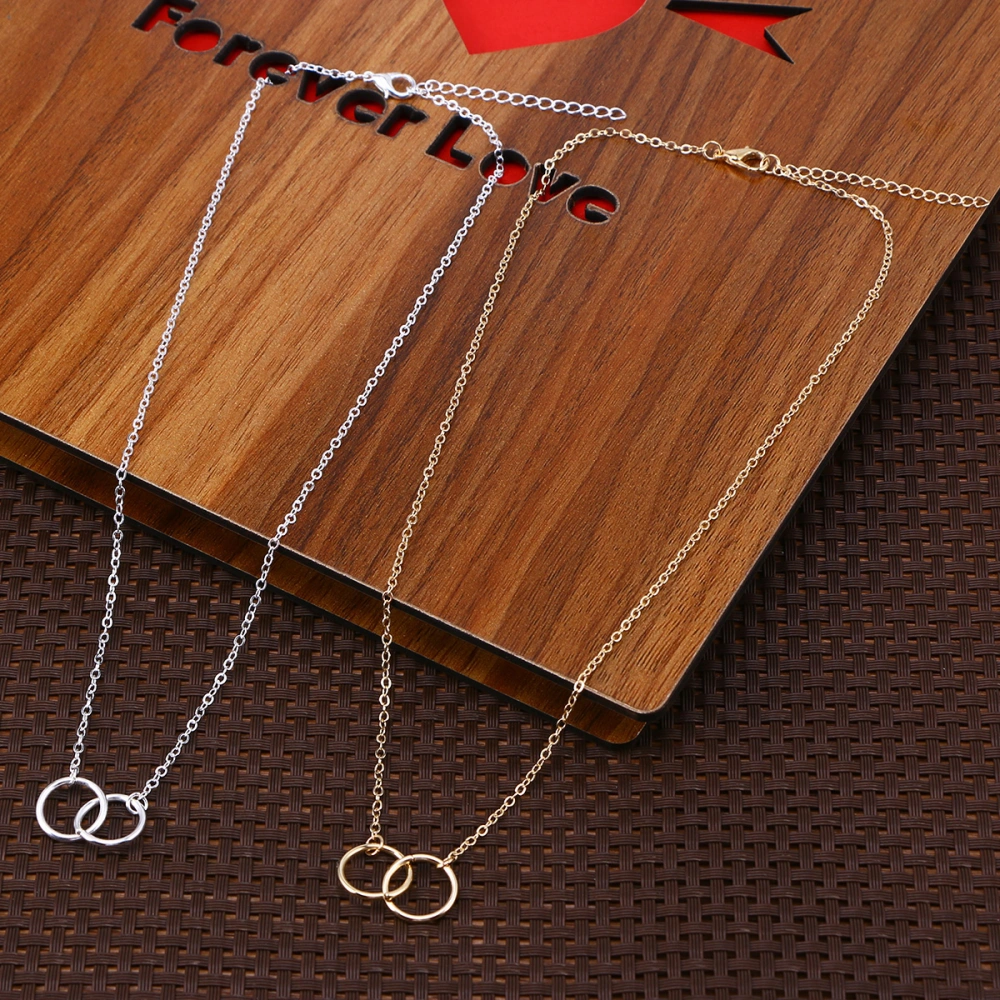 Women Necklace Double Circle Interlocking Pendant Choker Necklace Chain Charm Jewelry Valentines Gift (Alloy)