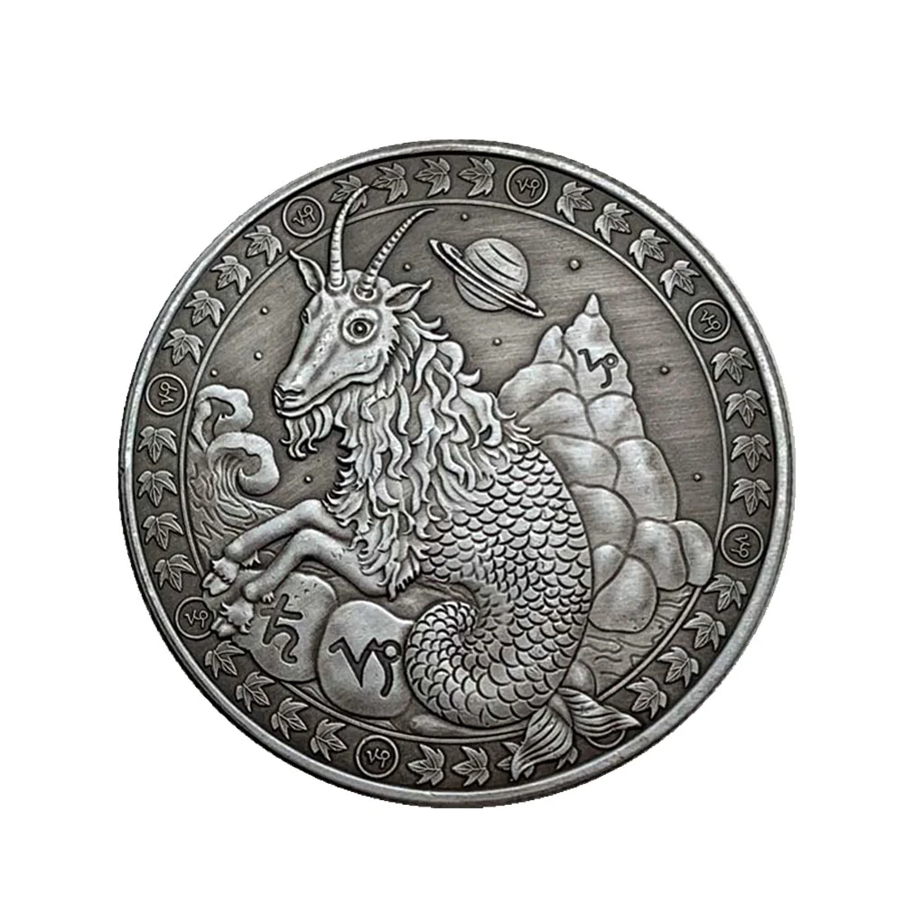 Vintage Twelve Constellations Commemorative Coin Stereoscopic Embossment Metal Coin Souvenir Gift Crafts (Capricorn)