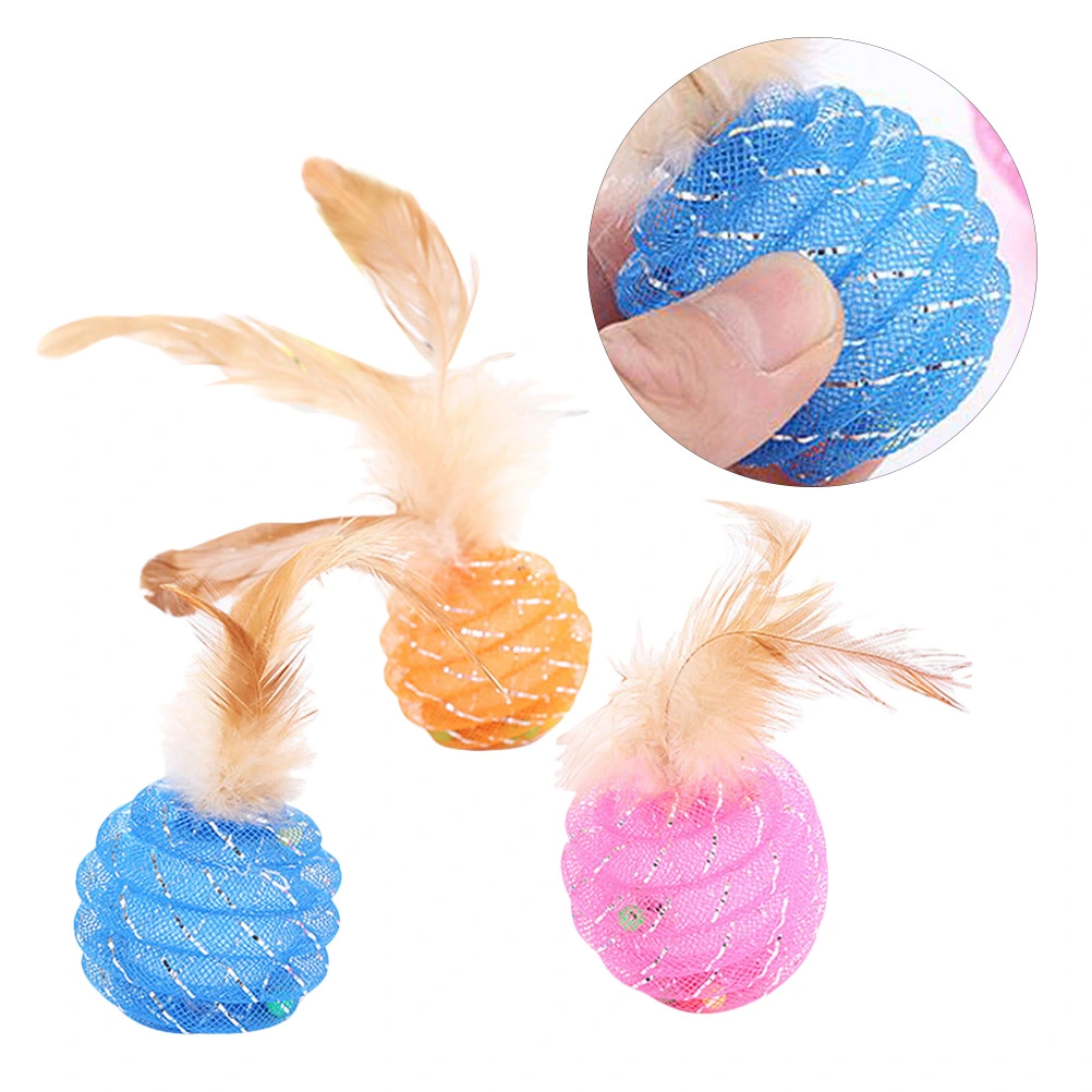 3pcs Pet Cat Toy Cat Line Ball With Feather Line Tube Ball Pet Toy (Random Color)