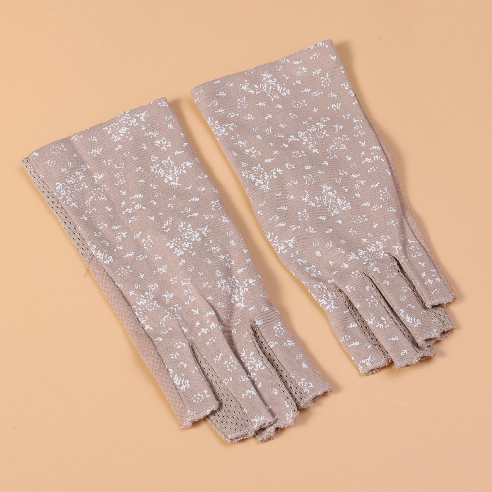 1 Pair of Outdoor Sunblock Half Finger Floral Printing Gloves Mitten UV Protection Gloves for Climbing Riding (Khaki)