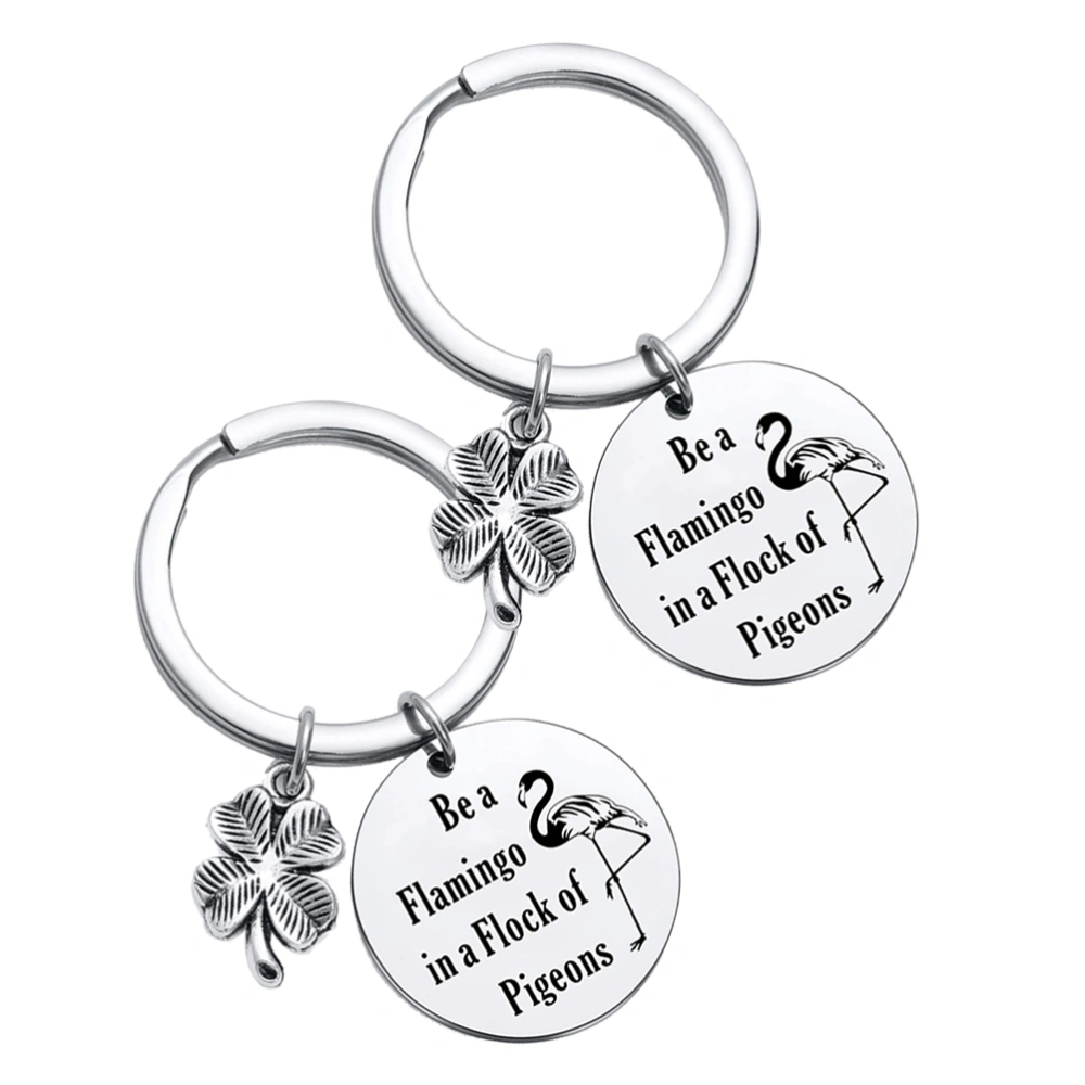 2pcs Flamingo Keychains Clover Key Holder Letter Printing Pendant Stainless Steel Key Rings Craft Ornaments