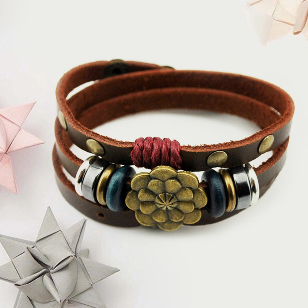 Ethnic Style Multilayer Leather Personality Hematite Lotus Flower Snap Button Wrap Bracelet(Brown)