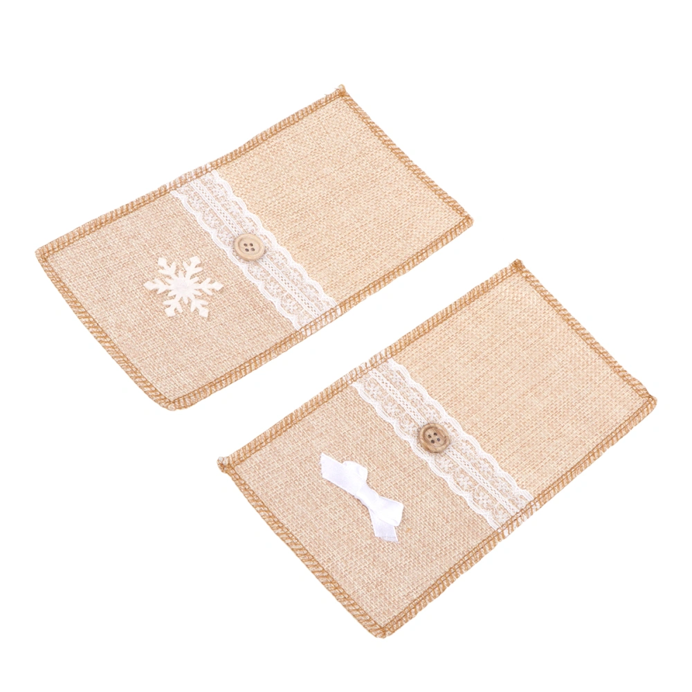 2Pcs Christmas Linen Cutlery Bags Knives Forks Spoons Tableware Bags for Hotel Restaurant 1Pc Snowflake Pattern 1Pc Knot Pattern