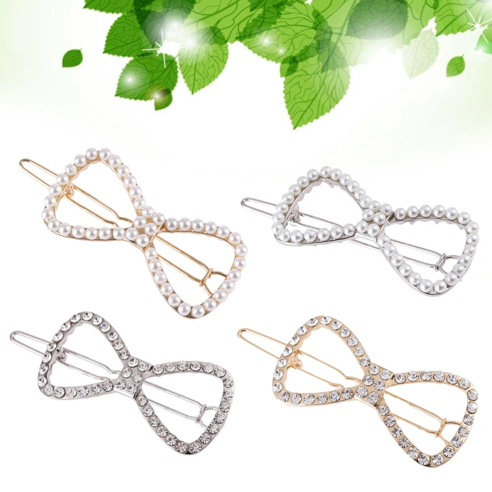 4PCS Hollow Design Hairpins Rhinestone Pearl Hair Clips Bowknot Side Clips Attractive Bobby