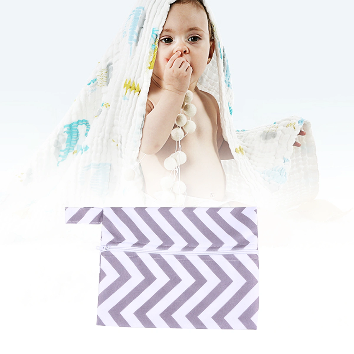 Baby Diaper Bag Washable Waterproof Diaper Storage Pouch for Outdoor Walking (Gray Stripe Printing Pattern)