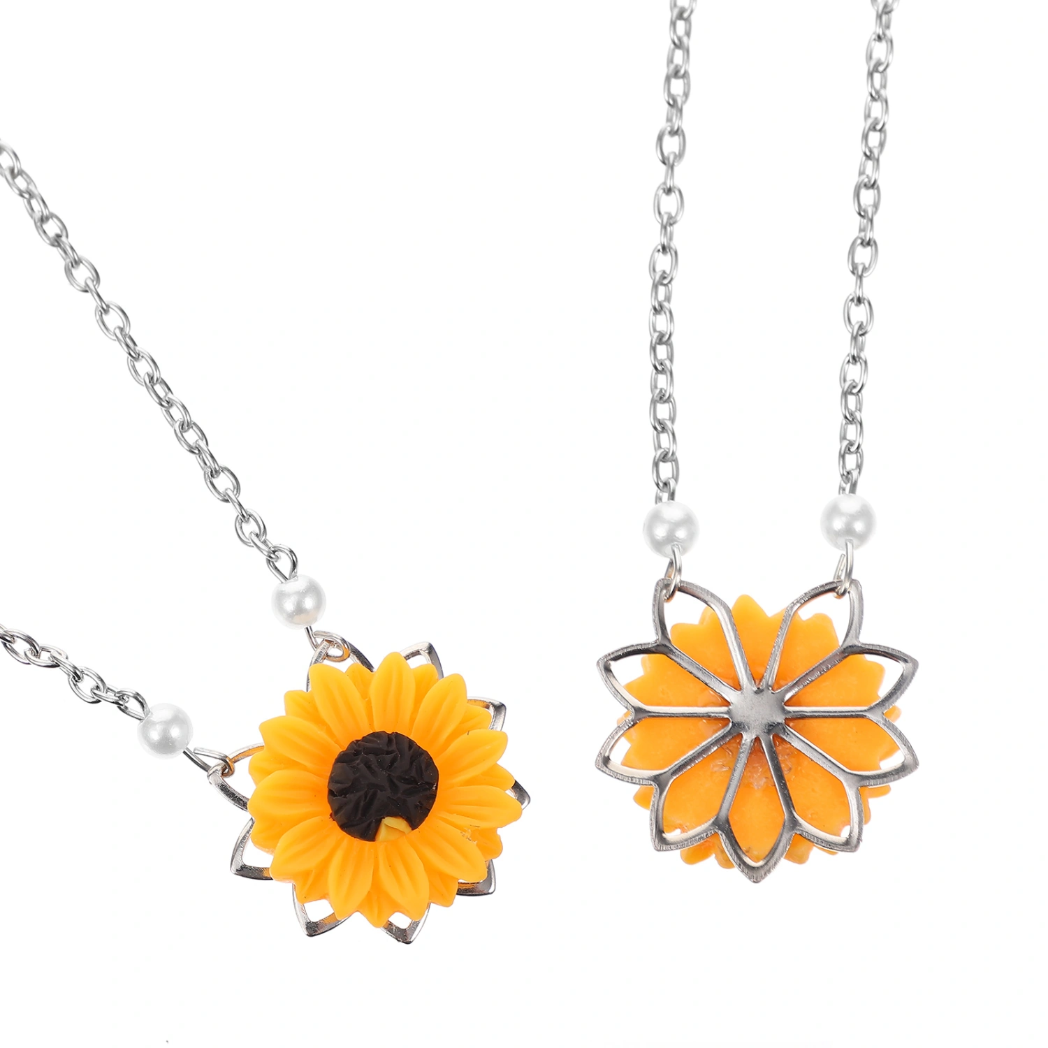 2Pcs Sunflower Necklaces Artificial Pearl Necklaces Exquisite Jewelry (Silver)