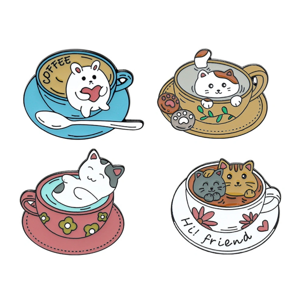 4pcs Exquisite Cartoon Cat Badges Cat Coffee Cup Badges Alloy Brooch Buckles