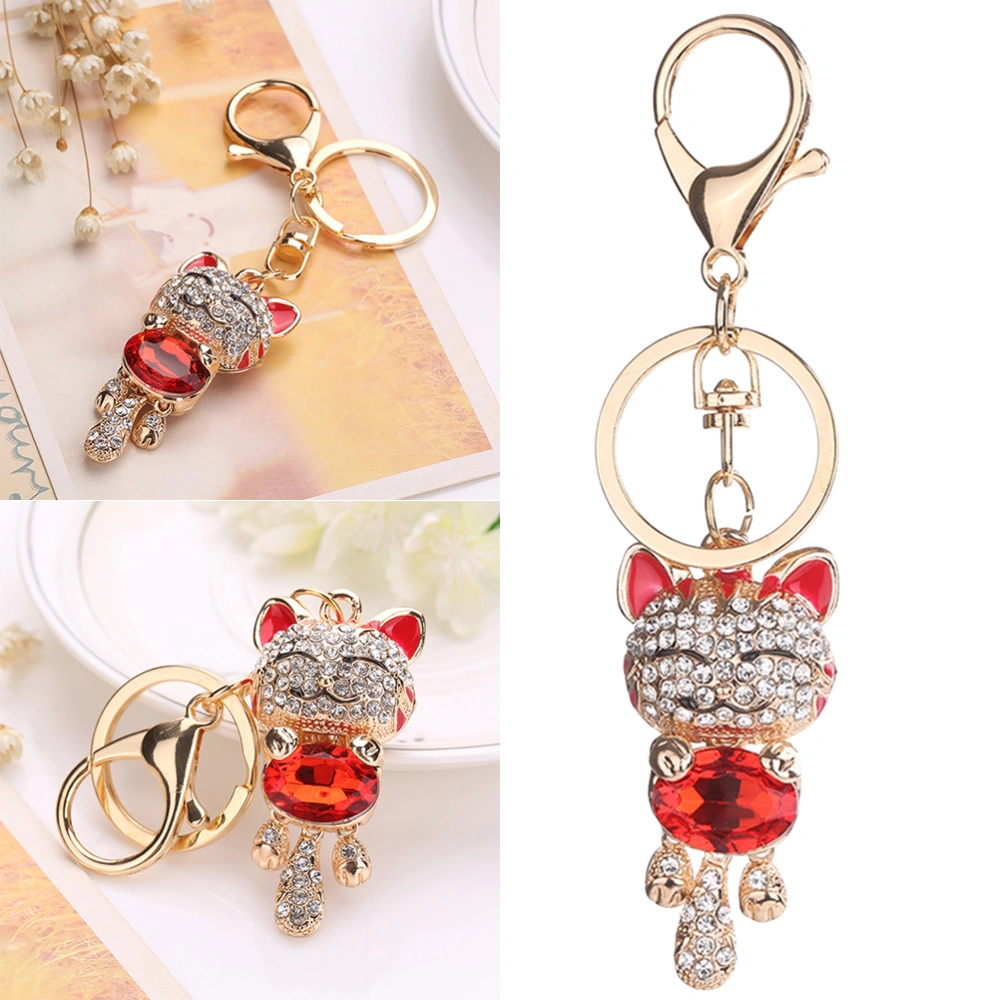 Creative Diamond-encrusted Key Ring Cat Shaped Charm Keychain Bag Pendant Jewelry Accessories Car Decoration (Red)