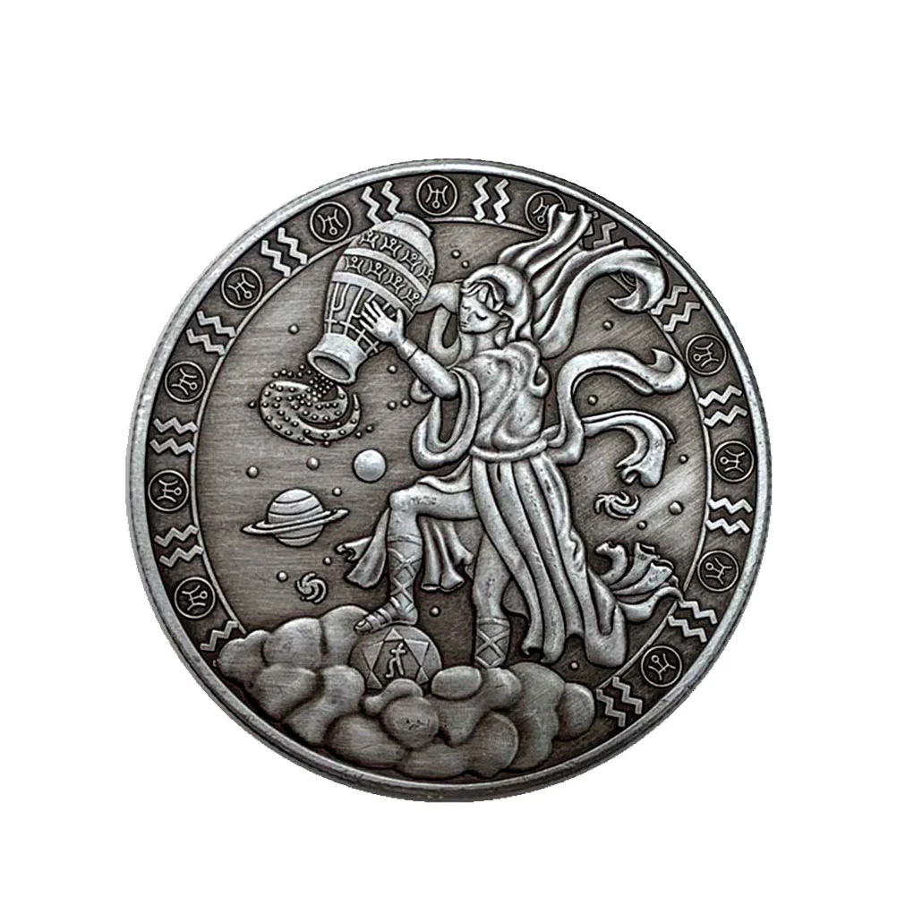 Vintage Twelve Constellations Commemorative Coin Stereoscopic Embossment Metal Coin Souvenir Gift Crafts (Aquarius)