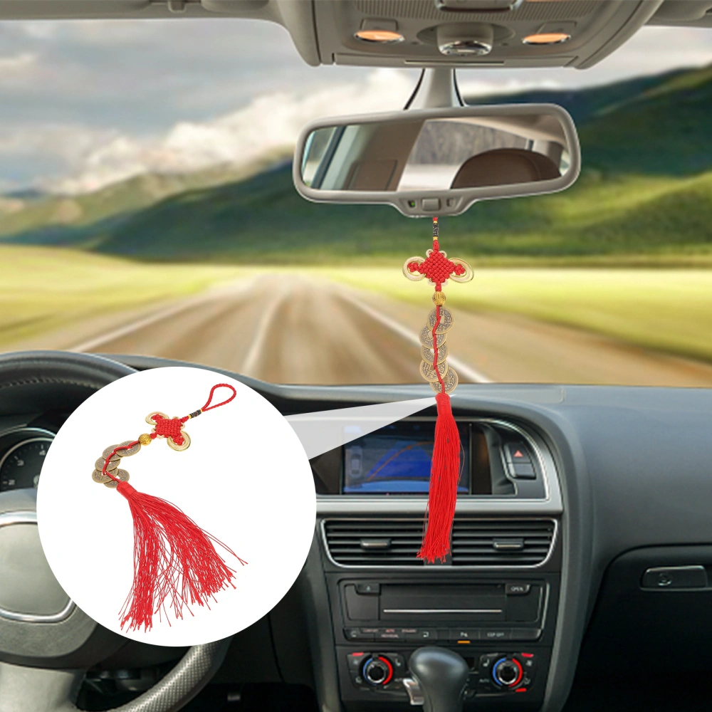 Car Chinese Knot Copper Coin Pendant Tassel Hanging Ornament Car Decoration Accessory (Red)