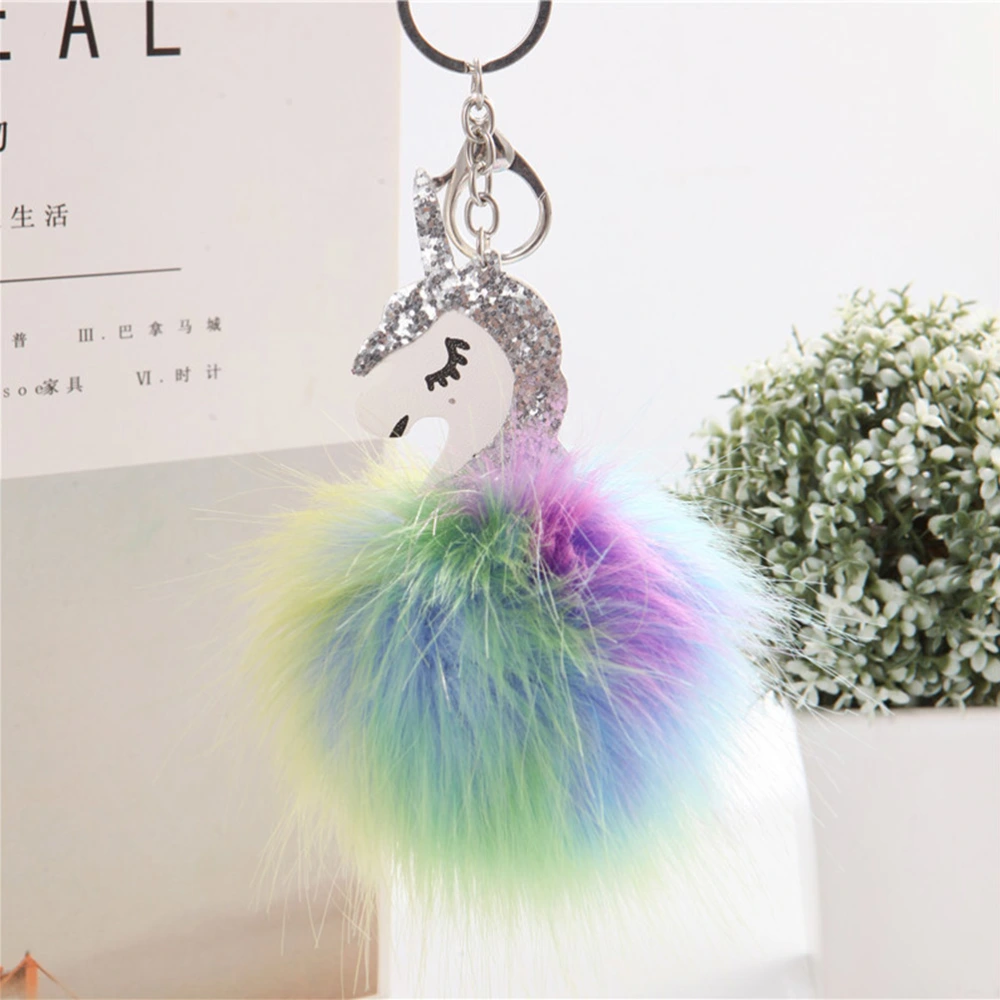 Glitter Unicorn Keychain Fur Ball Keyring Colorful Key Chain Charm Key Holder (Silver)