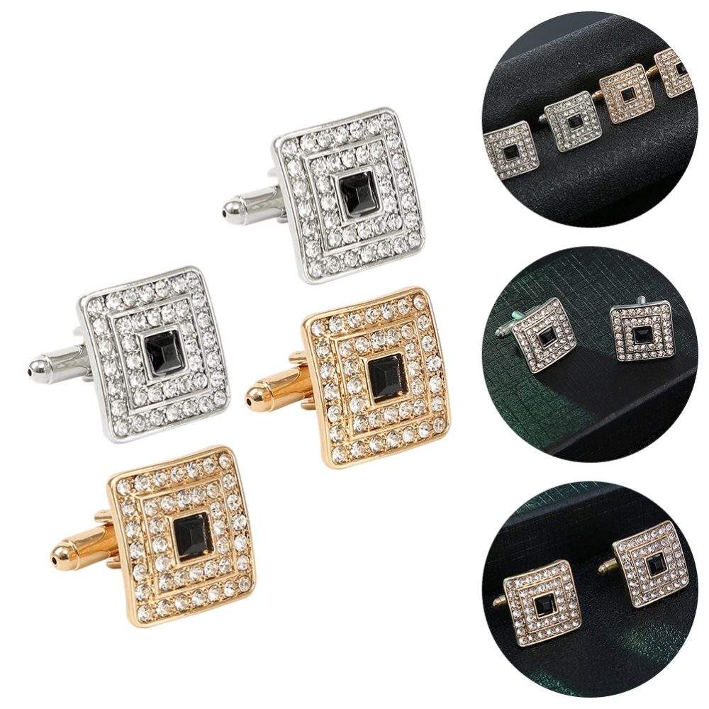 2 Pairs Square Rhinestones Cufflink Cuff Nails Men's Shirt Button Trendy Jewelry