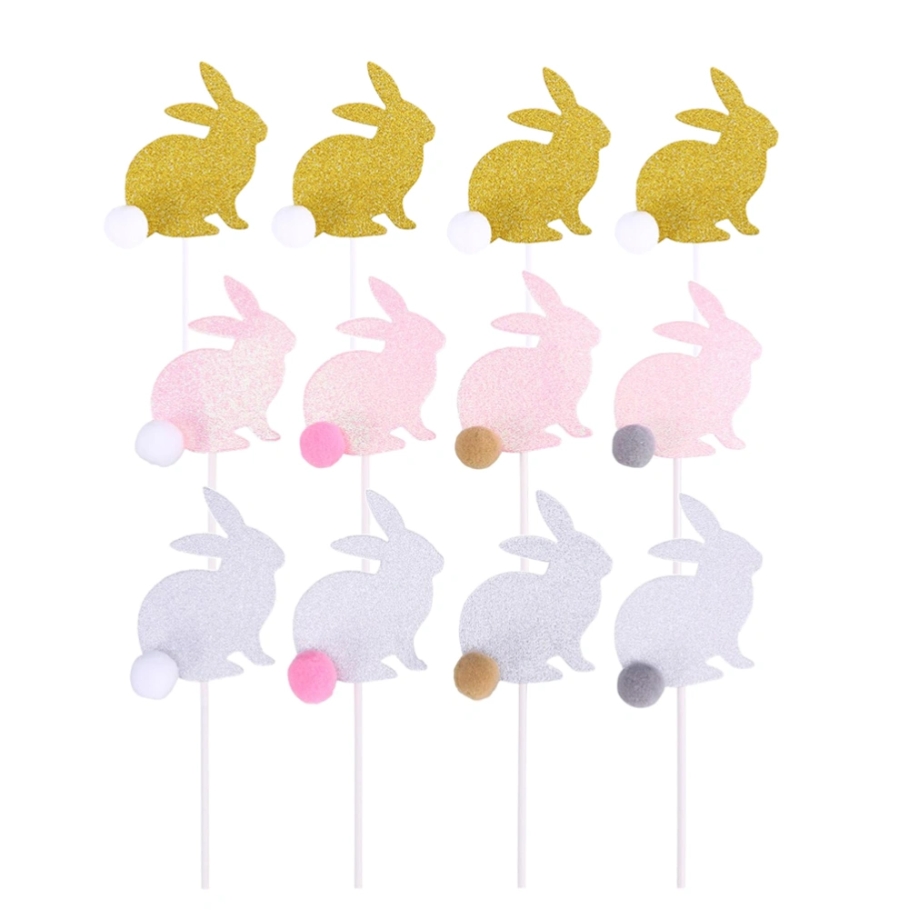 12 Pcs Cake Toppers Bunny Decorated with Hairball Cake Fruit Picks Dessert Table Decorative Supplies (Golden/Silver/Pink)