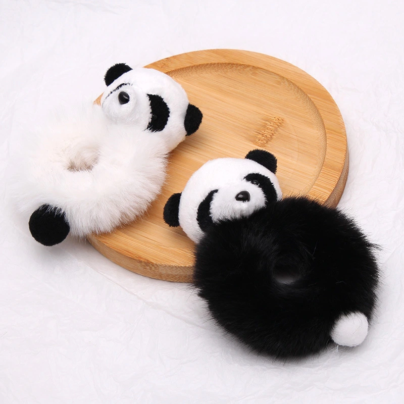 2pcs Furry Hair Scrunchies Panda Hair Bands Elastic Hair Ties Plush Ponytail Holders