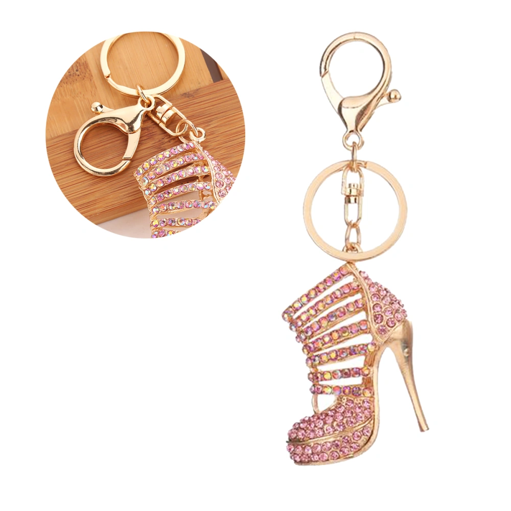 Creative Diamond-encrusted Alloy Key Ring High-heeled Shoe Shaped Charm Keychain Bag Pendant Jewelry Accessories Car Decoration(Pink)